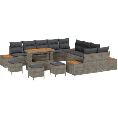 vidaXL Gartensofa-set mit Kissen mit Speicher 14-Tlg Grau Poly-Rattan 3364933 vidaXL Gartensofa-set mit Kissen mit Speicher 14-Tlg Grau Poly-Rattan 3364933