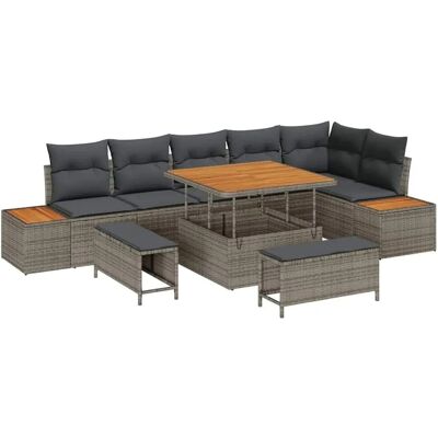 vidaXL 9-Teiliges Garten-Sofa-Set mit Kissen in Grau aus Poly Rattan und Akazienholz 3362928 vidaXL 9-Teiliges Garten-Sofa-Set mit Kissen in Grau aus Poly Rattan und Akazienholz 3362928