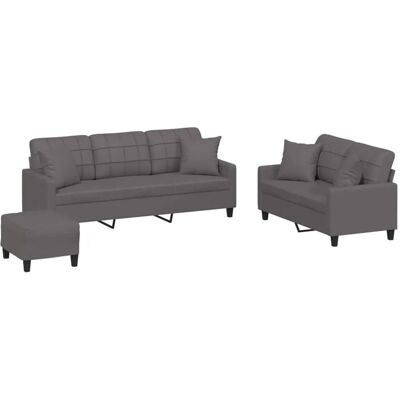 vidaXL 3-Tlg Sofagarnitur mit Kissen Grau Kunstleder 3201395 vidaXL 3-Tlg Sofagarnitur mit Kissen Grau Kunstleder 3201395