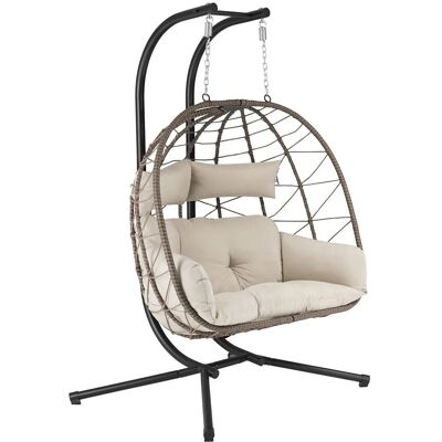 Juskys Doppel Hängesessel Aria aus Polyrattan mit Gestell Beige Juskys Doppel Hängesessel Aria aus Polyrattan mit Gestell Beige