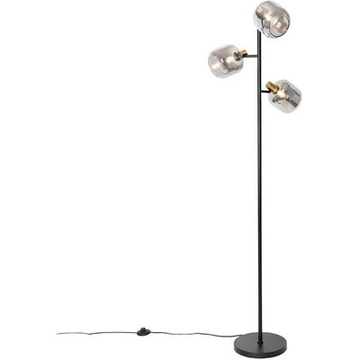 QAZQA Stehlampe Schwarz mit Gold mit Rauchglas 3 Lichter Zuzanna QAZQA Stehlampe Schwarz mit Gold mit Rauchglas 3 Lichter Zuzanna