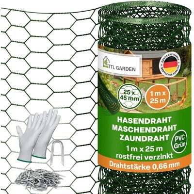 TTL GARDEN Hasendraht Grün 1m x 25m 25x45mm Masche Ø0,66mm PVC Beschichtet Drahtgitter mit 100 Krampen & Handschuhen TTL GARDEN Hasendraht Grün 1m x 25m 25x45mm Masche Ø0,66mm PVC Beschichtet Drahtgitter mit 100 Krampen & Handschuhen
