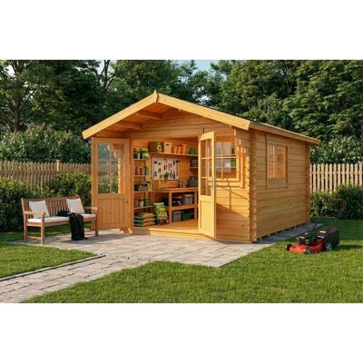 Alpholz Gartenhaus Set Gabriel 338x467cm Imprägniert Pinie 28mm Wandstärke inkl. Boden & Dacheindeckung Alpholz Gartenhaus Set Gabriel 338x467cm Imprägniert Pinie 28mm Wandstärke inkl. Boden & Dacheindeckung