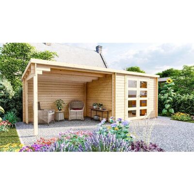 Finn Art Blockhaus 28mm Flachdach Holz Gartenhaus 3x2,4m Funny 4 ohne Fußboden mit 3m Seitendach Finn Art Blockhaus 28mm Flachdach Holz Gartenhaus 3x2,4m Funny 4 ohne Fußboden mit 3m Seitendach