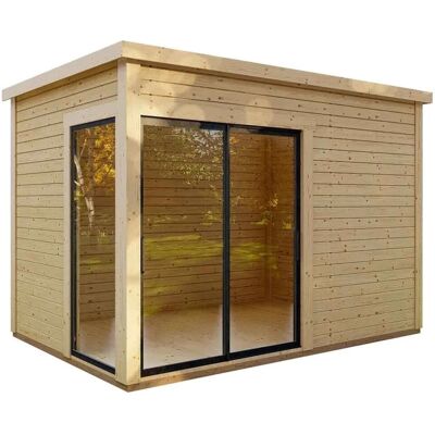 Finn Art Blockhaus Flachdach Gartenhaus Holz 360x250 cm Sydney 38 mit Schiebetür und 28mm Fußboden Finn Art Blockhaus Flachdach Gartenhaus Holz 360x250 cm Sydney 38 mit Schiebetür und 28mm Fußboden