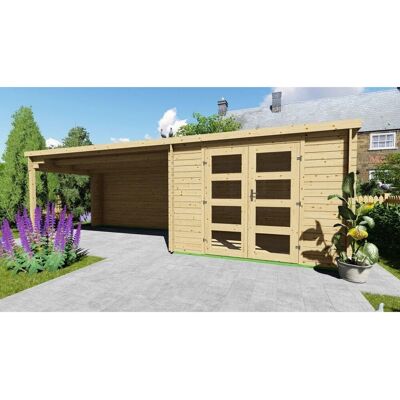 Finn Art Blockhaus 28mm Flachdach Holz Gartenhaus 3x2,4m Funny 5 mit 4m Seitendach mit Fußboden Finn Art Blockhaus 28mm Flachdach Holz Gartenhaus 3x2,4m Funny 5 mit 4m Seitendach mit Fußboden