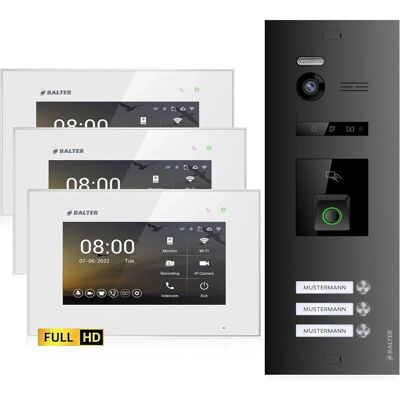 Balter EVO-HD Video-Türsprechanlage mit Fingerprint für Dreifamilienhaus mit 3x 7 Zoll Monitor Weiß-Schwarz Balter EVO-HD Video-Türsprechanlage mit Fingerprint für Dreifamilienhaus mit 3x 7 Zoll Monitor Weiß-Schwarz