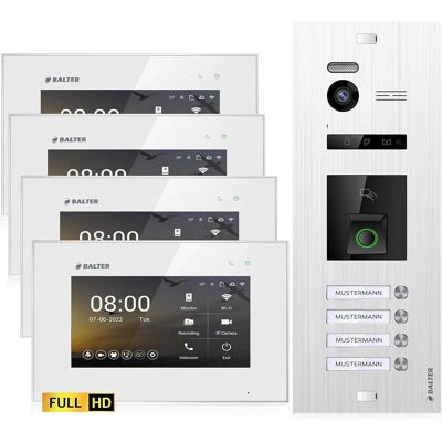 Balter EVO-HD Video-Türsprechanlage mit Fingerprint für Vierfamilienhaus mit 4x 7 Zoll Monitor Silber-Weiß Balter EVO-HD Video-Türsprechanlage mit Fingerprint für Vierfamilienhaus mit 4x 7 Zoll Monitor Silber-Weiß