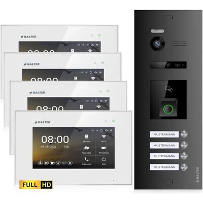 Balter EVO-HD Video-Türsprechanlage mit Fingerprint für Vierfamilienhaus mit 4x 7 Zoll Monitor Weiß-Schwarz Balter EVO-HD Video-Türsprechanlage mit Fingerprint für Vierfamilienhaus mit 4x 7 Zoll Monitor Weiß-Schwarz