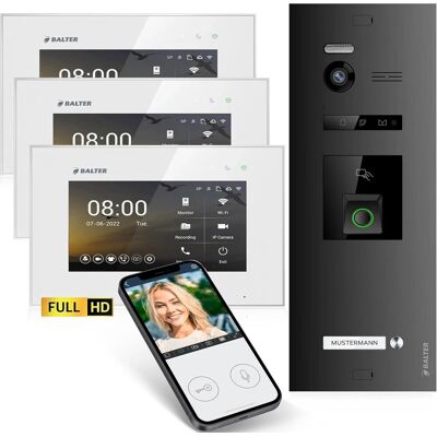 Balter EVO-HD Video-Türsprechanlage mit Fingerprint und App für Einfamilienhaus mit 3x 7 Zoll Monitor Weiß-Schwarz Balter EVO-HD Video-Türsprechanlage mit Fingerprint und App für Einfamilienhaus mit 3x 7 Zoll Monitor Weiß-Schwarz