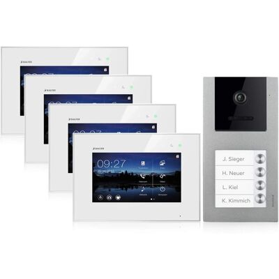 Balter EVO Video-Türsprechanlage Aufputz für Vierfamilienhaus mit 4x 7 Zoll Monitor Silber-Weiß Balter EVO Video-Türsprechanlage Aufputz für Vierfamilienhaus mit 4x 7 Zoll Monitor Silber-Weiß