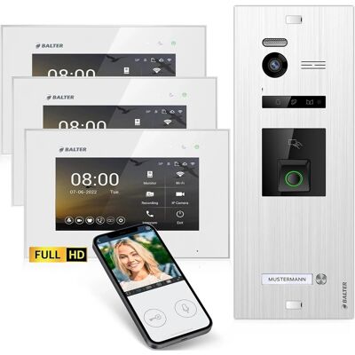 Balter EVO-HD Video-Türsprechanlage mit Fingerprint und App für Einfamilienhaus mit 3x 7 Zoll Monitor Silber-Weiß Balter EVO-HD Video-Türsprechanlage mit Fingerprint und App für Einfamilienhaus mit 3x 7 Zoll Monitor Silber-Weiß