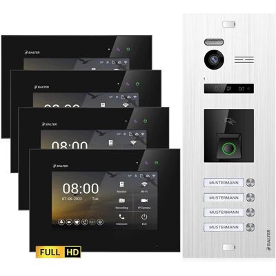 Balter EVO-HD Video-Türsprechanlage mit Fingerprint für Vierfamilienhaus mit 4x 7 Zoll Monitor Silber-Schwarz Balter EVO-HD Video-Türsprechanlage mit Fingerprint für Vierfamilienhaus mit 4x 7 Zoll Monitor Silber-Schwarz
