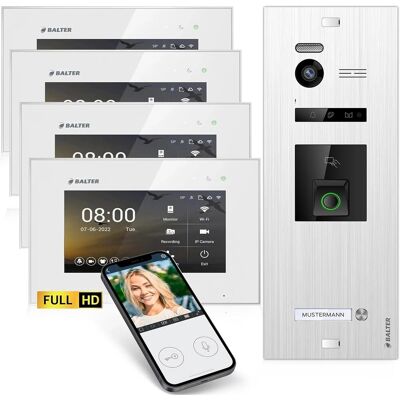 Balter EVO-HD Video-Türsprechanlage mit Fingerprint und App für Einfamilienhaus mit 4x 7 Zoll Monitor Silber-Weiß Balter EVO-HD Video-Türsprechanlage mit Fingerprint und App für Einfamilienhaus mit 4x 7 Zoll Monitor Silber-Weiß