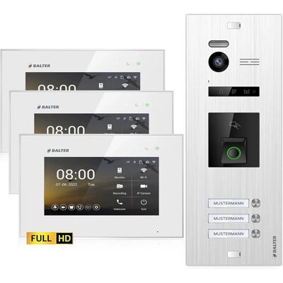 Balter EVO-HD Video-Türsprechanlage mit Fingerprint für Dreifamilienhaus mit 3x 7 Zoll Monitor Silber-Weiß Balter EVO-HD Video-Türsprechanlage mit Fingerprint für Dreifamilienhaus mit 3x 7 Zoll Monitor Silber-Weiß