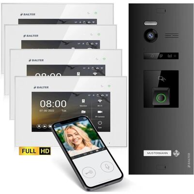 Balter EVO-HD Video-Türsprechanlage mit Fingerprint und App für Einfamilienhaus mit 4x 7 Zoll Monitor Weiß-Schwarz Balter EVO-HD Video-Türsprechanlage mit Fingerprint und App für Einfamilienhaus mit 4x 7 Zoll Monitor Weiß-Schwarz