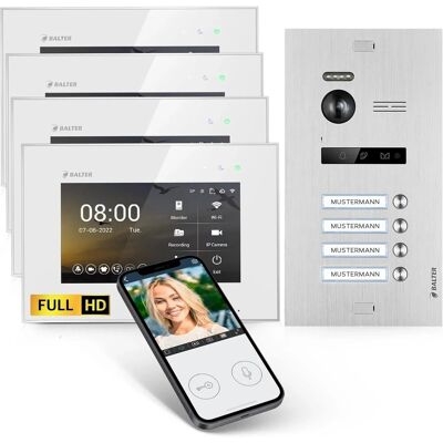 Balter EVO-HD Video-Türsprechanlage mit App für Vierfamilienhaus mit 4x 7 Zoll Monitor Silber-Weiß Balter EVO-HD Video-Türsprechanlage mit App für Vierfamilienhaus mit 4x 7 Zoll Monitor Silber-Weiß