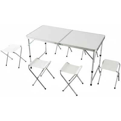 Relaxdays Campingtisch mit 4 Hockern Aluminium MDF Weiß Klappbar Höhenverstellbar 120 cm x 60 cm x 71 cm Relaxdays Campingtisch mit 4 Hockern Aluminium MDF Weiß Klappbar Höhenverstellbar 120 cm x 60 cm x 71 cm