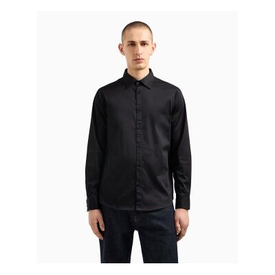 A X Armani Exchange für Herren. XM000339AF10192UC001 Langärmeliges Hemd aus schwarzem Baumwollsatin mit Stretchanteil (S), Lässig, Baumwolle A X Armani Exchange für Herren. XM000339AF10192UC001 Langärmeliges Hemd aus schwarzem Baumwollsatin mit Stretchanteil (S), Lässig, Baumwolle