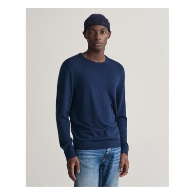 Gant für Herren. 8050205 Pullover aus extrafeiner Merinowolle mit marinefarbenem Rundhalsausschnitt (L), Lässig, Langarm Gant für Herren. 8050205 Pullover aus extrafeiner Merinowolle mit marinefarbenem Rundhalsausschnitt (L), Lässig, Langarm