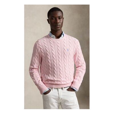 Polo Ralph Lauren für Herren. 710775885543 Pullover aus Baumwolle mit rosa Zopfmuster (L), Lässig, Langarm Polo Ralph Lauren für Herren. 710775885543 Pullover aus Baumwolle mit rosa Zopfmuster (L), Lässig, Langarm