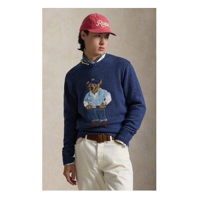 Polo Ralph Lauren für Herren. 710A13002001 Pullover aus Baumwolle und Leinen mit marineblauem Bear-Poloshirt (L), Lässig Polo Ralph Lauren für Herren. 710A13002001 Pullover aus Baumwolle und Leinen mit marineblauem Bear-Poloshirt (L), Lässig