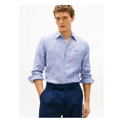 Tommy Hilfiger für Herren. MW0MW42400 Hemd mit blauen Bengalstreifen (M), Lässig, Leinen, Langarm Tommy Hilfiger für Herren. MW0MW42400 Hemd mit blauen Bengalstreifen (M), Lässig, Leinen, Langarm