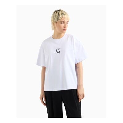 A X Armani Exchange für Damen. XW001182AF15085U0002 Locker sitzendes Kurzarm-T-Shirt aus Baumwolle mit Rundhalsausschnitt und weißer Logosti A X Armani Exchange für Damen. XW001182AF15085U0002 Locker sitzendes Kurzarm-T-Shirt aus Baumwolle mit Rundhalsausschnitt und weißer Logosti