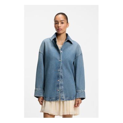 Boss für Damen. 50567186 Blaues Vintage-Oversized-Hemd aus starrem Denim (L), Lässig, Baumwolle, Langarm Boss für Damen. 50567186 Blaues Vintage-Oversized-Hemd aus starrem Denim (L), Lässig, Baumwolle, Langarm