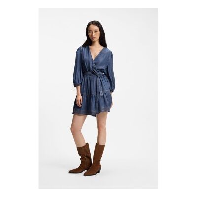 Boss für Damen. 50559071 Crossover-Kleid in Denim-Optik mit blauen Ballonärmeln (34), Lässig, 3/4 Ärmel Boss für Damen. 50559071 Crossover-Kleid in Denim-Optik mit blauen Ballonärmeln (34), Lässig, 3/4 Ärmel