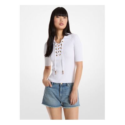 Michael Kors für Damen. MS661FZ5ZV Geripptes Poloshirt aus Stretch-Viskose mit Kordelzug weiß (M), Lässig, Kurzarm Michael Kors für Damen. MS661FZ5ZV Geripptes Poloshirt aus Stretch-Viskose mit Kordelzug weiß (M), Lässig, Kurzarm