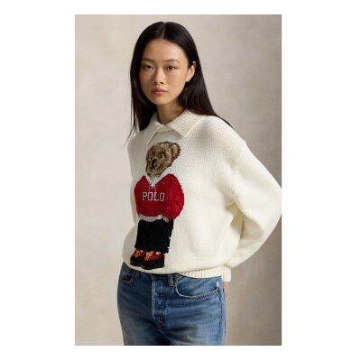 Polo Ralph Lauren für Damen. 211B17764001 Pullover aus Leinen und Baumwolle mit weißem Polo-Bären-Motiv (S), Lässig, Langarm Polo Ralph Lauren für Damen. 211B17764001 Pullover aus Leinen und Baumwolle mit weißem Polo-Bären-Motiv (S), Lässig, Langarm