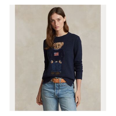 Polo Ralph Lauren für Damen. 211927070001 Pullover aus Baumwolle und Leinen mit marineblauem Bear-Poloshirt (L), Lässig Polo Ralph Lauren für Damen. 211927070001 Pullover aus Baumwolle und Leinen mit marineblauem Bear-Poloshirt (L), Lässig
