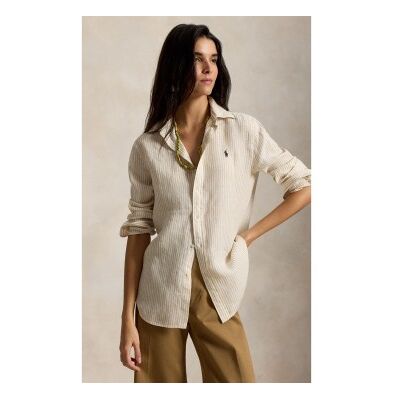 Polo Ralph Lauren für Damen. 211A96158010 Klassisch geschnittenes Leinenhemd mit beigen Streifen (S), Lässig, Langarm Polo Ralph Lauren für Damen. 211A96158010 Klassisch geschnittenes Leinenhemd mit beigen Streifen (S), Lässig, Langarm