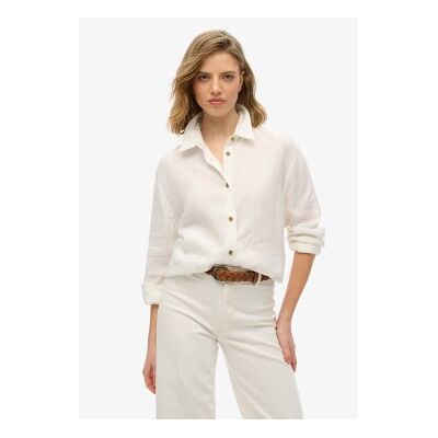 Superdry für Damen. W4010463A Freizeithemd aus Leinen mit weißer Boyfriend-Passform (M), Lässig, Langarm Superdry für Damen. W4010463A Freizeithemd aus Leinen mit weißer Boyfriend-Passform (M), Lässig, Langarm