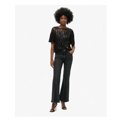 Superdry für Damen. W6011972A Transparentes T-Shirt mit schwarzen Pailletten (10), Lässig, Party, Polyester, Kurzarm Superdry für Damen. W6011972A Transparentes T-Shirt mit schwarzen Pailletten (10), Lässig, Party, Polyester, Kurzarm