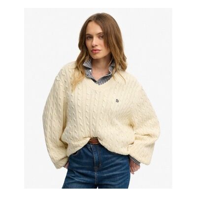 Superdry für Damen. W6110742A Oversized-Pullover mit Zopfmuster in gebrochenem Weiß (XL), Lässig, Baumwolle Superdry für Damen. W6110742A Oversized-Pullover mit Zopfmuster in gebrochenem Weiß (XL), Lässig, Baumwolle