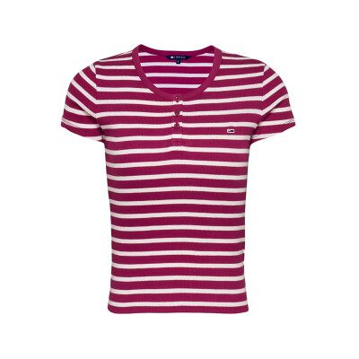 Tommy Jeans für Damen. DW0DW19502 Kurzärmeliges burgunderfarbenes T-Shirt mit schmalem Knopf (M), Lässig, Kurzarm, Bio-Baumwolle, Nachhaltig Tommy Jeans für Damen. DW0DW19502 Kurzärmeliges burgunderfarbenes T-Shirt mit schmalem Knopf (M), Lässig, Kurzarm, Bio-Baumwolle, Nachhaltig