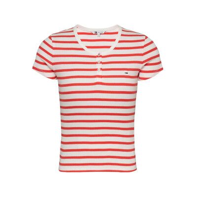 Tommy Jeans für Damen. DW0DW19502 Kurzarm-T-Shirt slim button rot (M), Lässig, Bio-Baumwolle, Nachhaltig Tommy Jeans für Damen. DW0DW19502 Kurzarm-T-Shirt slim button rot (M), Lässig, Bio-Baumwolle, Nachhaltig