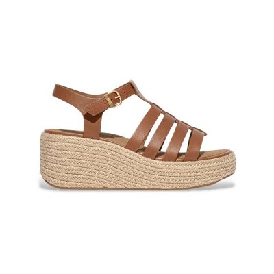 Fitflop für Damen. JF5-C15 Braune Leder-Espadrilles im Fischer-Stil mit Keilabsatz (41), 5 bis 8 cm, Schnalle, Lässig Fitflop für Damen. JF5-C15 Braune Leder-Espadrilles im Fischer-Stil mit Keilabsatz (41), 5 bis 8 cm, Schnalle, Lässig