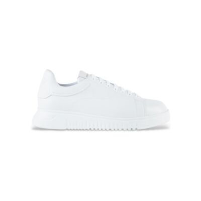 Giorgio Armani Emporio Armani für Herren. EM003663_AF19999 Weiß gestreifte Leder-Sneakers (43), Wohnung, Schnürsenkel, Lässig Giorgio Armani Emporio Armani für Herren. EM003663_AF19999 Weiß gestreifte Leder-Sneakers (43), Wohnung, Schnürsenkel, Lässig
