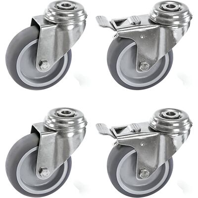 Proroll Set aus thermoplastischen Gummireifen, Gehäuse Edelstahl, mit Rückenloch, 4 Lenkrollen, davon 2 mit Doppelstopp, Rad-Ø x Breite 50 x 19 mm Proroll Set aus thermoplastischen Gummireifen, Gehäuse Edelstahl, mit Rückenloch, 4 Lenkrollen, davon 2 mit Doppelstopp, Rad-Ø x Breite 50 x 19 mm