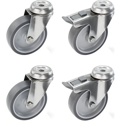 Proroll Set aus thermoplastischen Gummireifen, Gehäuse Edelstahl, mit Rückenloch, 4 Lenkrollen, davon 2 mit Doppelstopp, Rad-Ø x Breite 100 x 32 mm Proroll Set aus thermoplastischen Gummireifen, Gehäuse Edelstahl, mit Rückenloch, 4 Lenkrollen, davon 2 mit Doppelstopp, Rad-Ø x Breite 100 x 32 mm