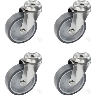 Proroll Set aus thermoplastischen Gummireifen, Gehäuse Edelstahl, mit Rückenloch, 4 Lenkrollen, Rad-Ø x Breite 125 x 32 mm Proroll Set aus thermoplastischen Gummireifen, Gehäuse Edelstahl, mit Rückenloch, 4 Lenkrollen, Rad-Ø x Breite 125 x 32 mm