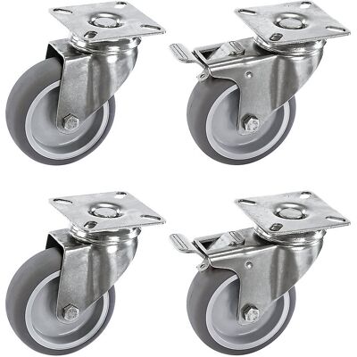 Proroll Set aus thermoplastischen Gummireifen, Gehäuse Edelstahl, Montageplatte, 4 Lenkrollen, davon 2 mit Doppelstopp, Rad-Ø x Breite 50 x 19 mm Proroll Set aus thermoplastischen Gummireifen, Gehäuse Edelstahl, Montageplatte, 4 Lenkrollen, davon 2 mit Doppelstopp, Rad-Ø x Breite 50 x 19 mm