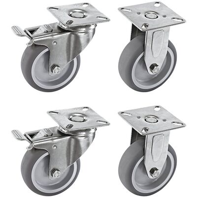 Proroll Set aus thermoplastischen Gummireifen, Gehäuse Edelstahl, Montageplatte, 2 Lenkrollen mit Stopp, 2 Bockrollen, Rad-Ø x Breite 50 x 19 mm Proroll Set aus thermoplastischen Gummireifen, Gehäuse Edelstahl, Montageplatte, 2 Lenkrollen mit Stopp, 2 Bockrollen, Rad-Ø x Breite 50 x 19 mm