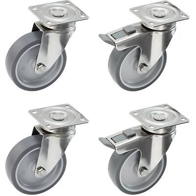 Proroll Set aus thermoplastischen Gummireifen, Gehäuse Edelstahl, Montageplatte, 4 Lenkrollen, davon 2 mit Doppelstopp, Rad-Ø x Breite 125 x 32 mm Proroll Set aus thermoplastischen Gummireifen, Gehäuse Edelstahl, Montageplatte, 4 Lenkrollen, davon 2 mit Doppelstopp, Rad-Ø x Breite 125 x 32 mm