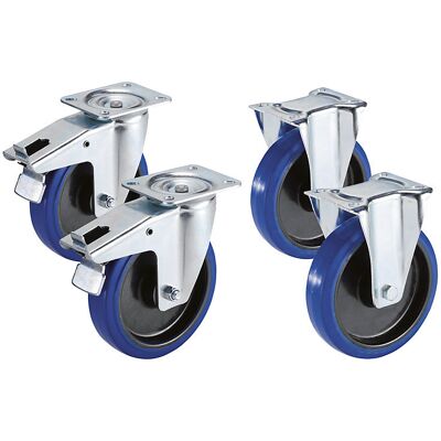 Proroll Set aus Vollelastik-Reifen auf Kunststoff-Felge, 2 Lenkrollen mit Doppelstopp, 2 Bockrollen, Rad-Ø x Breite 100 x 36 mm Proroll Set aus Vollelastik-Reifen auf Kunststoff-Felge, 2 Lenkrollen mit Doppelstopp, 2 Bockrollen, Rad-Ø x Breite 100 x 36 mm