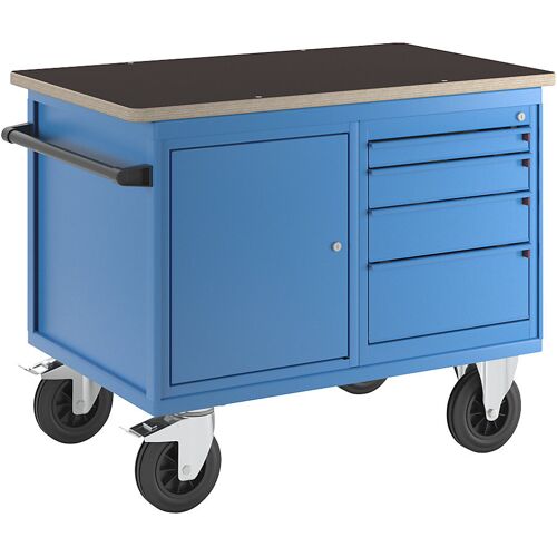 eurokraft pro Montagewagen, 1 Schrank, 1 Schubladenschrank, Korpus und Fronten lichtblau, Multiplex-Arbeitsplatte