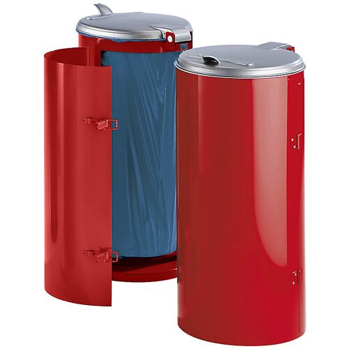 VAR Stahlblech-Abfallsammler, für Volumen 120 l, mit Einflügeltür, rot mit silberfarbenem Kunststoffdeckel